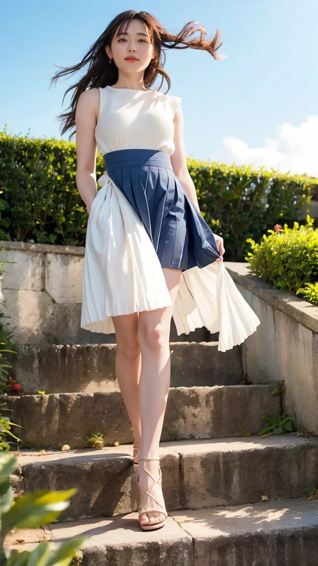((Viewing angle from below、Highest quality、masterpiece、32K、Every detail))、Descend the outdoor stairs、commute、Systemic symptoms、Traditional navy blue sailor uniform、White blouse、Pleated skirt、(((A strong wind blows my hair and skirt away:1.62)))、((I always wear the shoulder strap of my bag across my body...:1.22))、One Girl, alone、(((mini skirt, No underwear:1.22)))、Big Breasts、barefoot, High heels