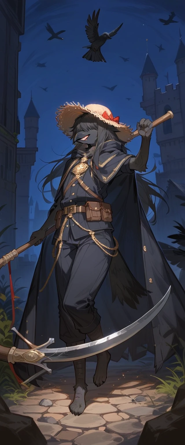 w3ers, (femboy), crow, pitch black fur, big fluffy long hair, anthropomorphic crow, girly try body, furry bird legs, no shoes, no boots, big black wizard-type straw hat, eyes covered, holding scythe, fantasy cloak straw outfit, navy cloak, nighttime, night, a broken castle in the background, Solo:1.5, solo focus, full body, combat-ready pose, attacking