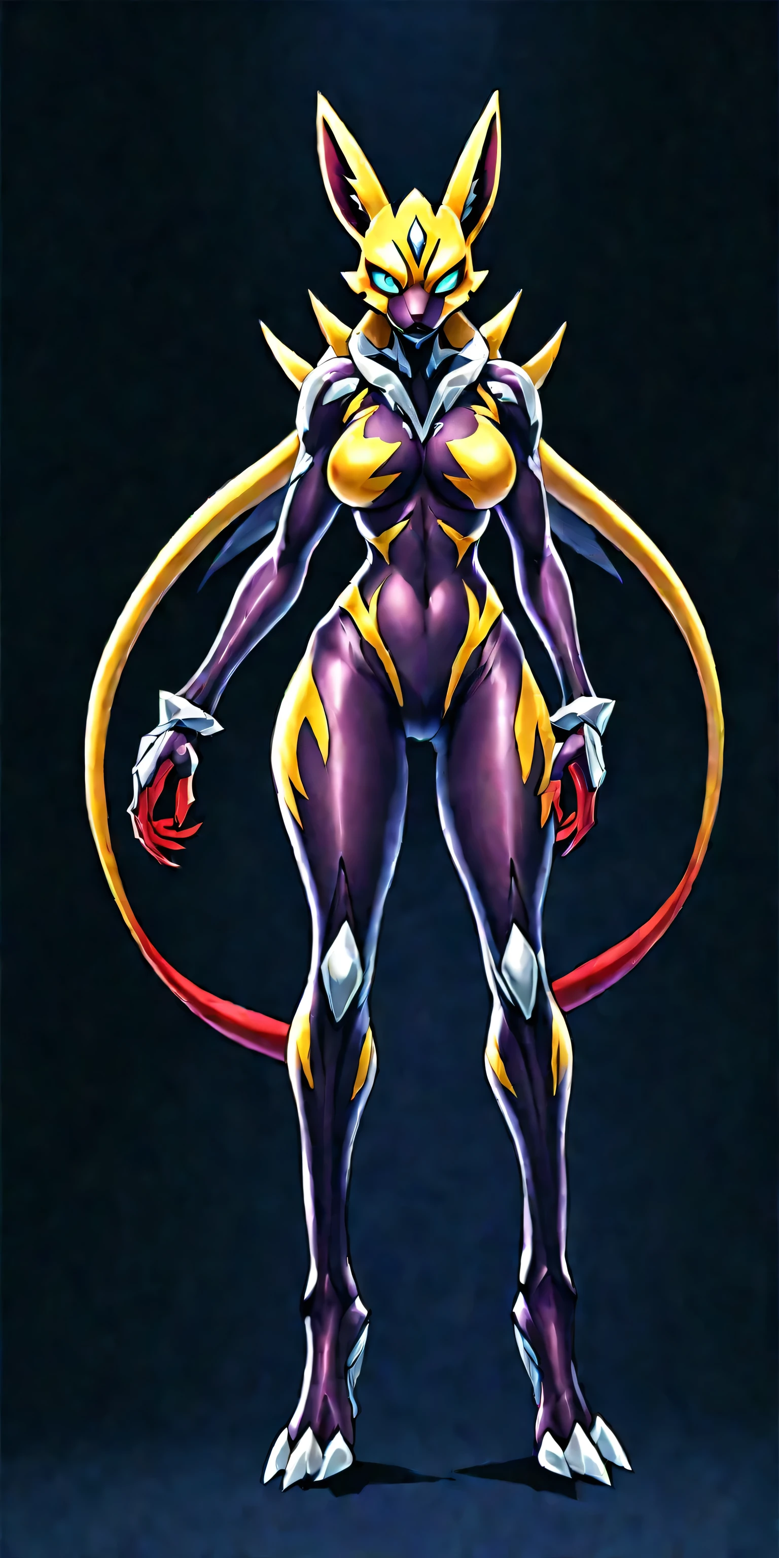((Whole body):1.5), NSFW,browsing caution, whole body concept art, {(((1 Woman fused with renamon))}, {Wear renamon Skin's full body suit and renamon Skin's full face mask)}, {((Fusion with renamon))}, {((Life Clothes)}, {((Fallved into Evil, Fox Monster)}, {((Yellow Full Skin Suit))}, Strengthen the outer bone, The line of the vagina is clear,16K, High quality, Attention to details, Ultra High Resolution,Full-body concept art, 1 woman,A figure fused with a dragon, witch blade motivism, evil fall, symbiote skin, Blood vessels floating all over the body, yellow and purple full body suit, enemy woman, bio full skin suit, high image quality, real, high detail, 16K, purple gloves, renamon bodysuit, fortified suit, glossy, digimon, goddess, mature female, mistress, fox mask, masterpiece, more_details:-1, more_details:0, more_details:0.5, more_details:1, more_details:1.5