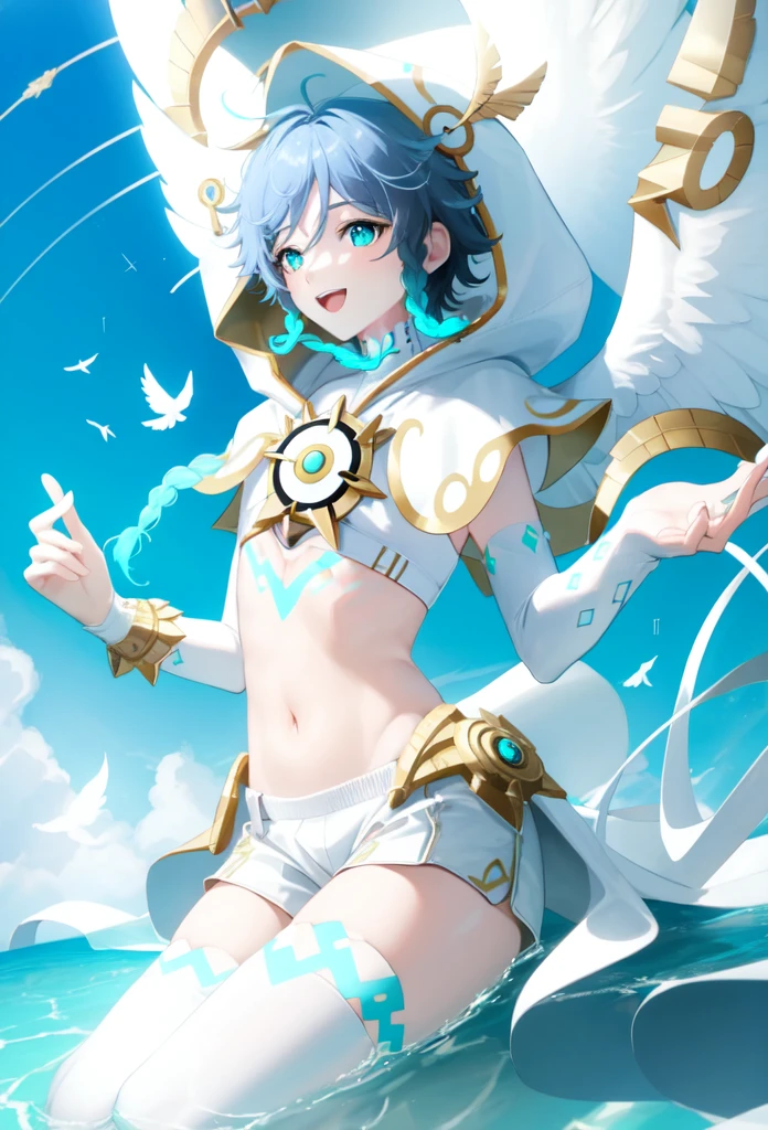 best quality,masterpiece,highres,solo,1boy, absurdres, androgynous, White_hair, White _hair, character_name, chest_tattoo, commentary, crop_top, english_text, feathered_wings, gradient_hair, green_eyes, happy_birthday, highres, hood_up, hooded_capelet, kkopoli, light, male_focus, midriff, official_alternate_costume, open_mouth, short_hair_with_long_locks, simple_white, smile, solo, twin_braids, venti_\(archon\)_\(genshin_impact\), venti_\(genshin_impact\), white_shorts, white_thighhighs, white_wings