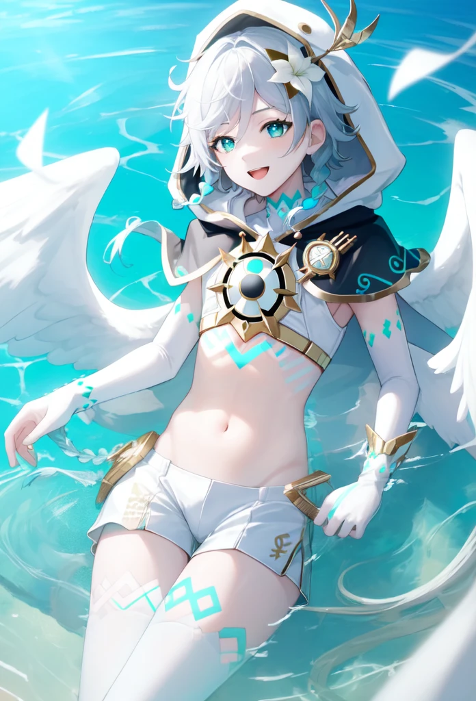 best quality,masterpiece,highres,solo,1boy, absurdres, androgynous, White_hair, White _hair, character_name, chest_tattoo, commentary, crop_top, english_text, feathered_wings, gradient_hair, green_eyes, happy_birthday, highres, hood_up, hooded_capelet, kkopoli, light, male_focus, midriff, official_alternate_costume, open_mouth, short_hair_with_long_locks, simple_white, smile, solo, twin_braids, venti_\(archon\)_\(genshin_impact\), venti_\(genshin_impact\), white_shorts, white_thighhighs, white_wings