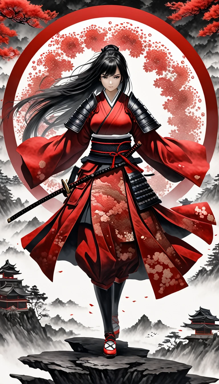 1 woman, weapon, long hair, black hair, white background, solo, looking at viewer, black eyes, tabi, floating hair, full body, (samurai), red armor, fractal art, abstract background, ink wash painting , masterpiece, ultra realistic, 32k, extremely detailed CG unity 8k wallpaper, best quality
