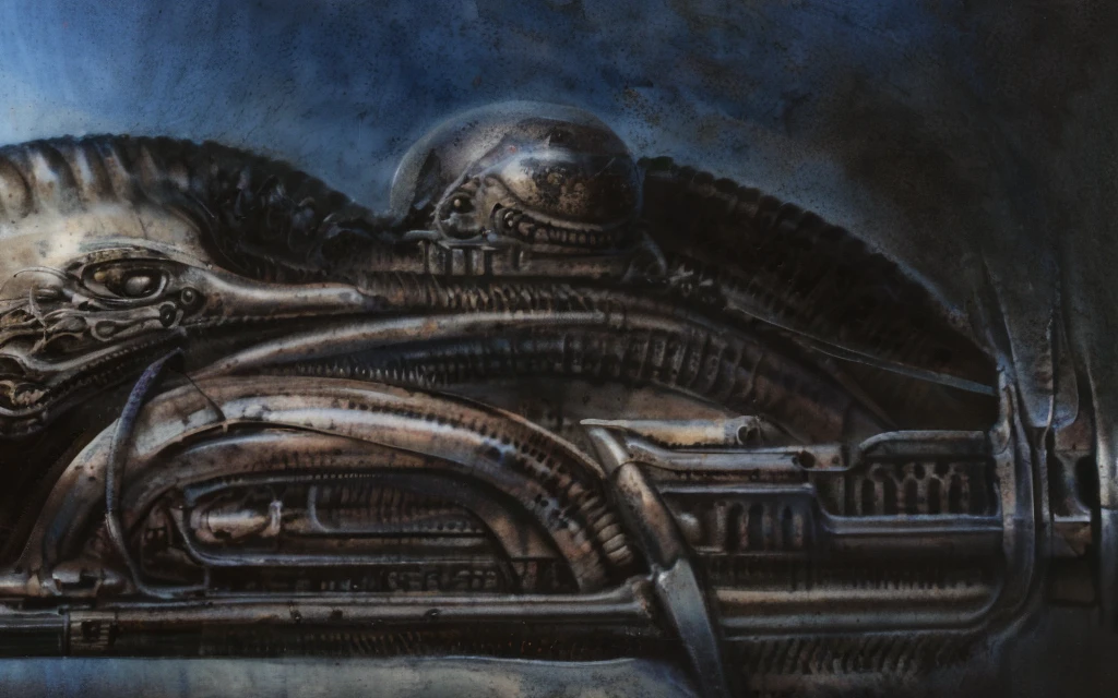 xgiger, The image is a detailed view of H.R. Giger's biomechanical tableau \" LANDSCAPE No 312 \" plate, featuring
 a stylized digital artwork featuring a close-up of a robotic face with a mouth open, set against a backdrop of industrial machinery., that appears to be a fusion of organic and mechanical elements, with a focus on the interplay between the two.The piece is a tableau, most likely created with a India ink pen or pencil on paper, determined by the thin lines, shading techniques, and the texture of the paper, which is visible around the edges.
Used is pen, given the shading and variations in line weight visible in the image. Artist have used a variety of stylus with different degrees of hardness to achieve the shading effects.
 The use of undersaturated green-grays dark contrasts creates a stark and graphic look. Is used a variety of linework techniques to create different textures. Fine, parallel lines create a smooth, metallic texture,while thicker, more cursive lines suggest cables or wires.
Light source from the top highlights skeletals, pper part of foreground, lower part of image is in shadowupper part of foreground, lower part of image is in shadow.
The art performance showcases the artist’s skills in observation and rendering. The level of detail in the piece suggests a close study of real bone specimens and mechanics. The artist has skillfully used shading techniques to create a convincing illusion of three-dimensionality on a flat surface. The wrinkles and cracks in the surface, and the cast shadows with accuracy, used shading techniques to create a realistic depiction of light and shadow on the objects. This creates a sense of depth and dimension in the image. The artist has used careful linework to depict the contours and textures in the piece
Sharp focus on foreground elements illustration. Deep and delicate DOF. Big painting. Stored in Louvre masterpiece, ooze soaked pajama top
