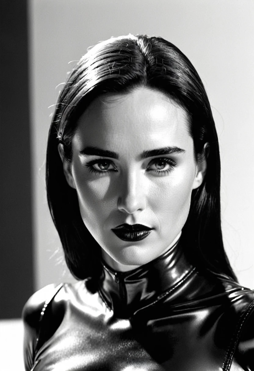 medium body view , b&w, instagram photo of young Jennifer Connelly, perfect detailed eyes, natural skin, hard shadows, film grain, wearing a black latex outfit, sticking tongue out, drool