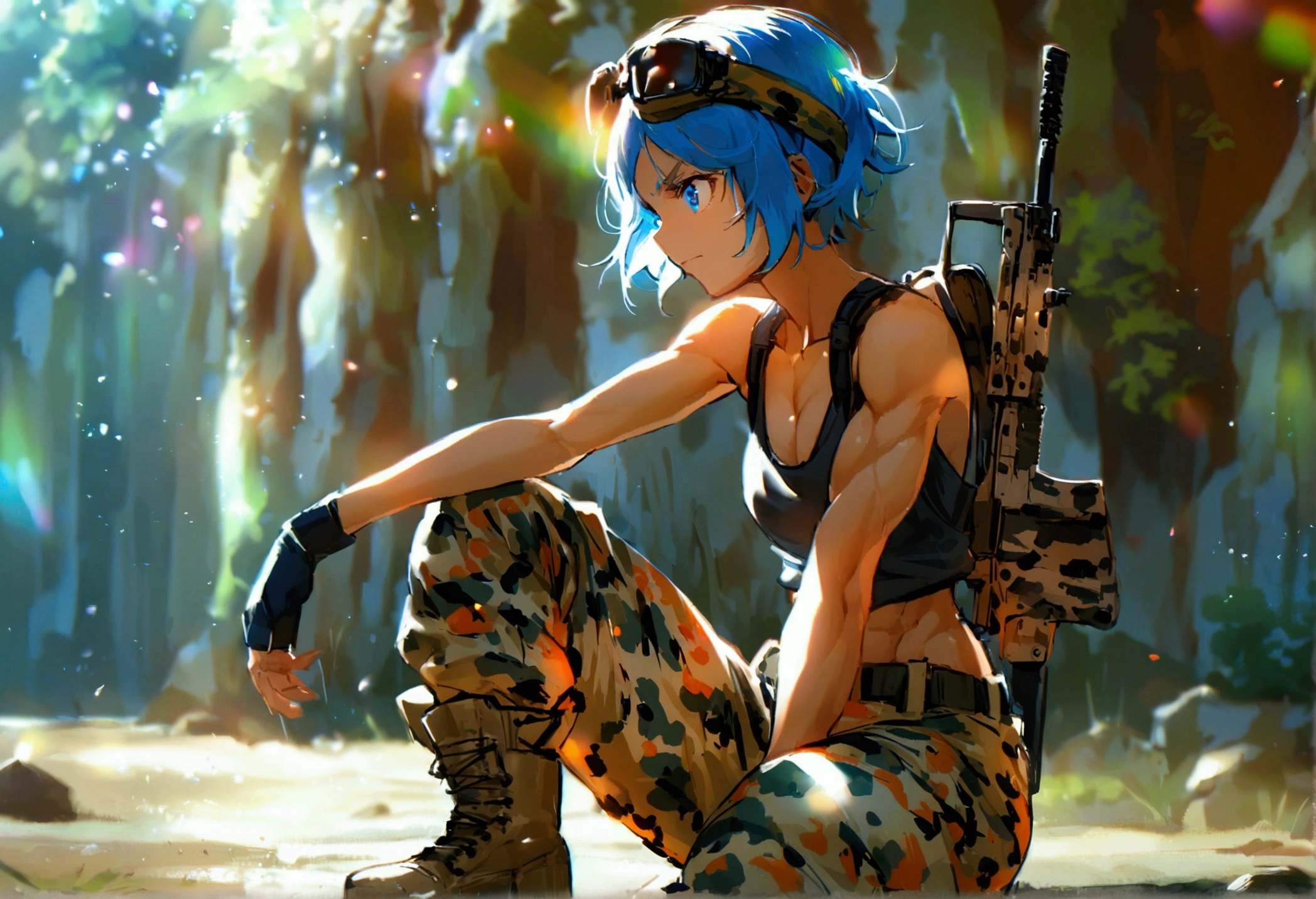Tomboyish girl, blond short hair, blue eyes, wearing belly free tanktop and camo print trak pants as well as Military style combat boots, toned abs
