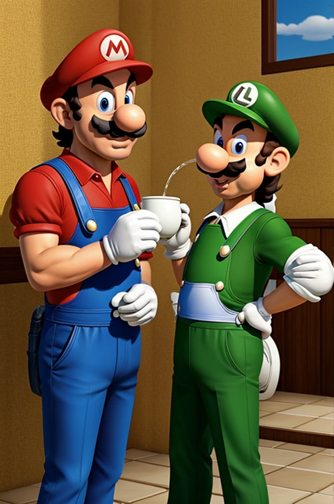 Luigi and Mario drinking tea