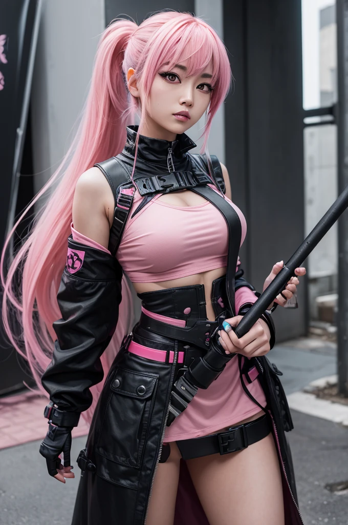 create an Asian woman with half-open red eyes and pink hair tied in a huge ponytail and bangs. With a black post-apocalyptic technological outfit with pink details. Holding a large black hammer with pink details. In anime style