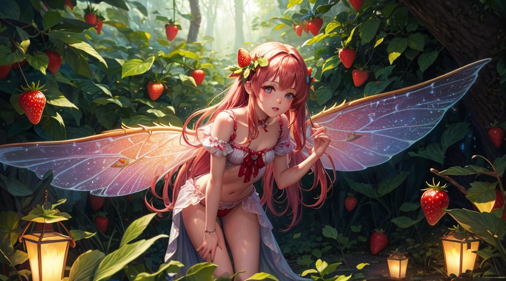 ( Absurd, High quality, ultra-detailed, masterpiece, concept art, smooth, highly detailed artwork, hyper-realistic painting ) , tiny , strawberry girl, Strawberries, cute, whole body, Romantic, Vivid, dreamy, fantasy, fairy wings, in the forest, enchanting glow, very detailed art, reveal clothes, sexy lace underwear