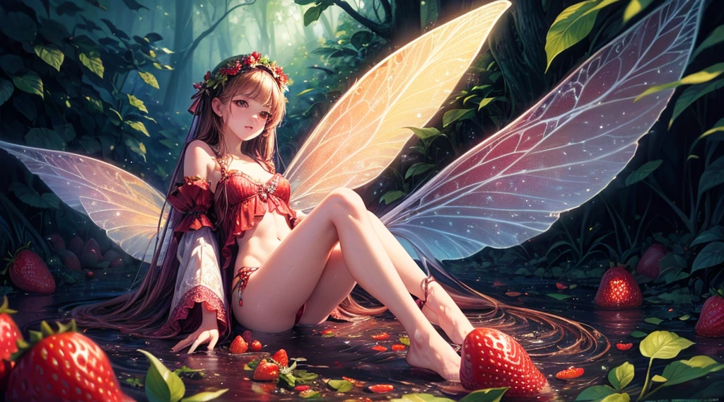 ( Absurd, High quality, ultra-detailed, masterpiece, concept art, smooth, highly detailed artwork, hyper-realistic painting ) , tiny , strawberry girl, Strawberries, cute, whole body, Romantic, Vivid, dreamy, fantasy, fairy wings, in the forest, enchanting glow, very detailed art, reveal clothes, sexy lace underwear