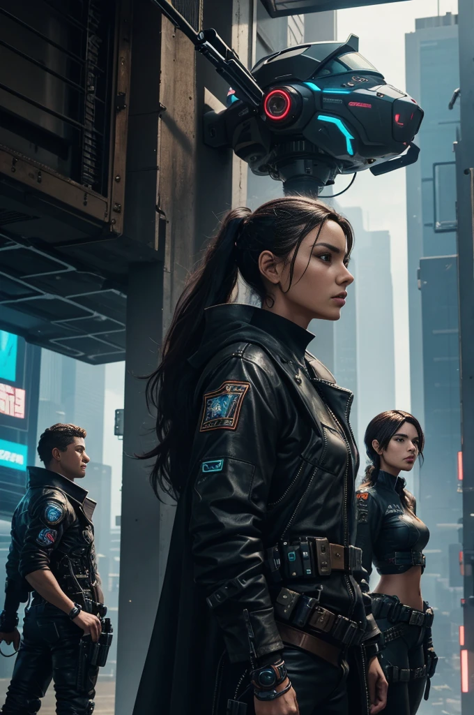 We see (2 women, 3 man) In a profile shot, cyberpunk cowboys who encounter obstacles on their path: drone patrols and cybernetic guards.
