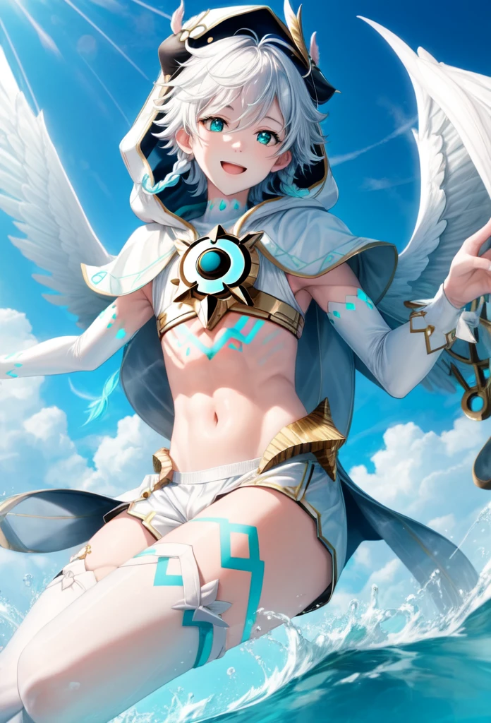 best quality,masterpiece,highres,solo,1boy, absurdres, androgynous, White_hair, White _hair, character_name, chest_tattoo, commentary, crop_top, english_text, feathered_wings, gradient_hair, green_eyes, happy_birthday, highres, hood_up, hooded_capelet, kkopoli, light, male_focus, midriff, official_alternate_costume, open_mouth, short_hair_with_long_locks, simple_white, smile, solo, twin_braids, venti_\(archon\)_\(genshin_impact\), venti_\(genshin_impact\), white_shorts, white_thighhighs, white_wings