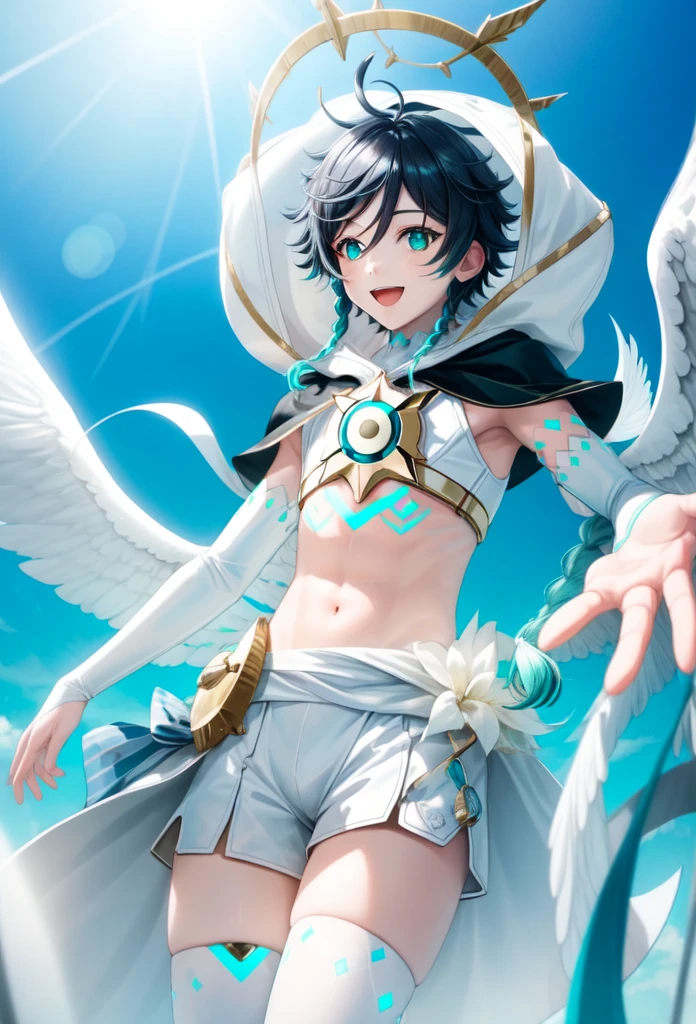 best quality,masterpiece,highres,solo,1boy, absurdres, androgynous, White_hair, White _hair, character_name, chest_tattoo, commentary, crop_top, english_text, feathered_wings, gradient_hair, green_eyes, happy_birthday, highres, hood_up, hooded_capelet, kkopoli, light, male_focus, midriff, official_alternate_costume, open_mouth, short_hair_with_long_locks, simple_white, smile, solo, twin_braids, venti_\(archon\)_\(genshin_impact\), venti_\(genshin_impact\), white_shorts, white_thighhighs, white_wings