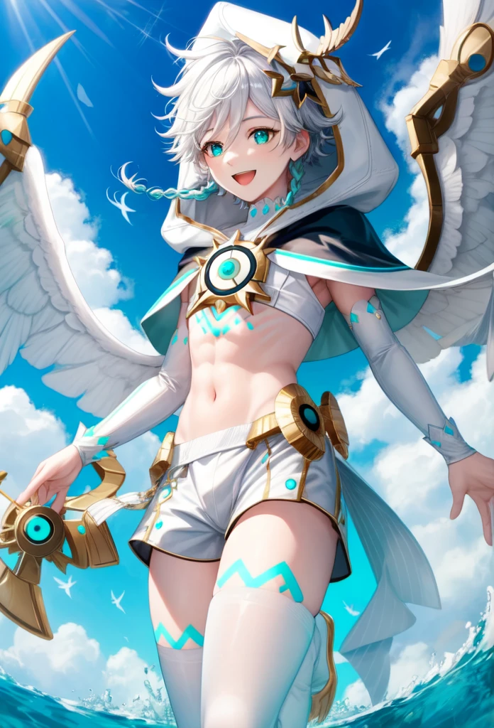 best quality,masterpiece,highres,solo,1boy, absurdres, androgynous, White_hair, White _hair, character_name, chest_tattoo, commentary, crop_top, english_text, feathered_wings, gradient_hair, green_eyes, happy_birthday, highres, hood_up, hooded_capelet, kkopoli, light, male_focus, midriff, official_alternate_costume, open_mouth, short_hair_with_long_locks, simple_white, smile, solo, twin_braids, venti_\(archon\)_\(genshin_impact\), venti_\(genshin_impact\), white_shorts, white_thighhighs, white_wings