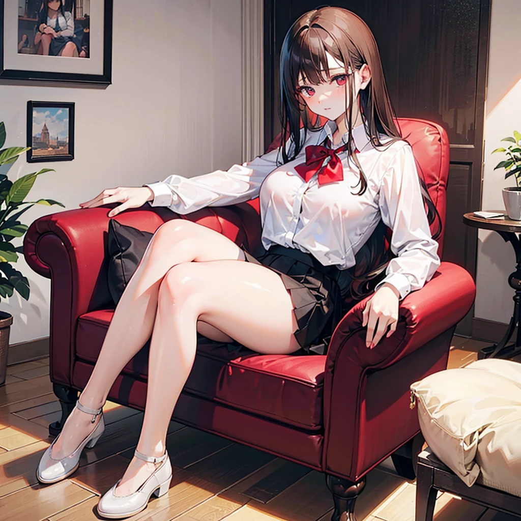 realistic image, detailed image, coherent imagen, with a 1 beautiful girl, she has a little long hair, Brown hair with red hair on the fringe that covers her forehead, Bright Reds eyes, shy expression. She is wearing a white button-down shirt, a pleated skirt, black shoes , She has a curvy body, medium-large breasts and very thick thighs, find references to atomic and that it does not have an unnatural pose, She is Sitting in a red Sofá, her legs are stretched out, their feet are touching the ground, Her only right hand is touching her right thigh and her left hand is in her left knew, She has only two arms and two legs, she has no more than five fingers and no less than five fingers on each hand, , background: she is in a house Decorated with formal things, the floor is made of wood, in the background there is a white wall, full body view, Dramatic shadows, Volumetric lighting, natural lighting,