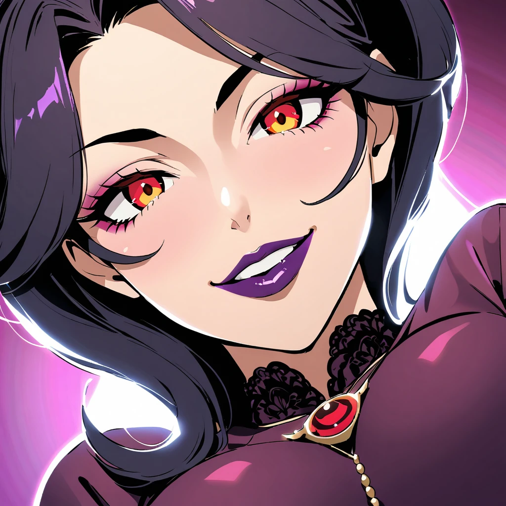 1mature woman, solo, sexy MILF, evil Femme Fatale, 35yo, A bewitching 35-year-old Japanese sexy widow, A close-up shot frames the victim's face, lit by a faint, eerie glow. The camera lingers on their lips, parted in a sly, sinister grin. The smile seems to taunt the viewer, hinting at the chaos and destruction that is about to unfold. Swirling shadows dance across the background, amplifying the sense of unease and foreboding. As the camera pans out, the victim's eyes appear, gleaming with a malevolent intensity, further heightening the tension., Shiny black hair, beautiful eyebrows, double eyelids, amber eyes, beautiful nose, beautiful nostrils, sexy lips, dark lipstick, glossy lips, masterpiece, incredibly absurd resolution, absolutely resolution, ultra high resolution, Mature Female, MILF, professional, vivid colors, ideal facial features, close-up face focus, roguish smile, (from below:1.3)