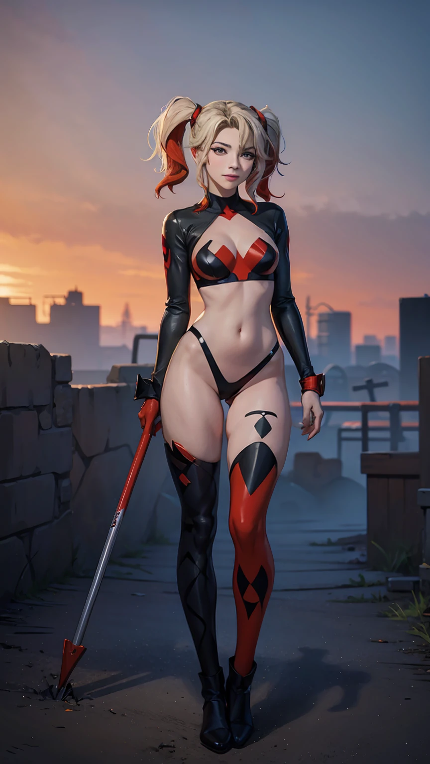 ((Full body photo, standing, feet on the floor)) Harley Quinn, sexy woman,DC Comics,Small,harlequin costume, red and black, dressed in a red and black harlequin costume, he has his big hammer in his hand, red hearts letter, joker card, young, super skynny body, Small and beautiful buttocks, toned abdomen, small and beautiful breasts, gloves, Boots, pose sexy, malevolent, obscene, powerful, super sensual, whole body, Dramatic background, In the background is Arkham Asylum on fire, apocalyptic atmosphere, joker, sensual look, beautiful blue eyes, classic two pigtails hairstyle,Hair dyed in bright blonde color, Best quality,4k,8K,A high resolution,Masterpiece,Ultra detailed,realistic, photorealistic,photo realistic
