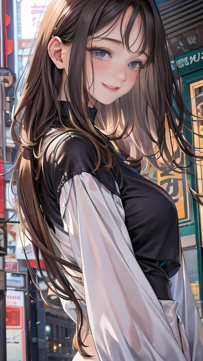 (Highest quality、8k、masterpiece:1.3)、Beautiful woman with perfect figure:1.4、((Dark brown super long hair))、((Her hair is super long, reaching down to her waist))、26 years old、Russians and Japan mixes、Beautiful Face、Slender figure、Beautiful female curves、Wearing a pendant、((White tank top))、((Black leather mini skirt))、Highly detailed face and skin、fine grain、double eyelid、(Big Breasts )、 Big Ass、Bewitching atmosphere、((smile))、((Walking in the city))、((City building street))、((Shinjuku、Kabukicho))、