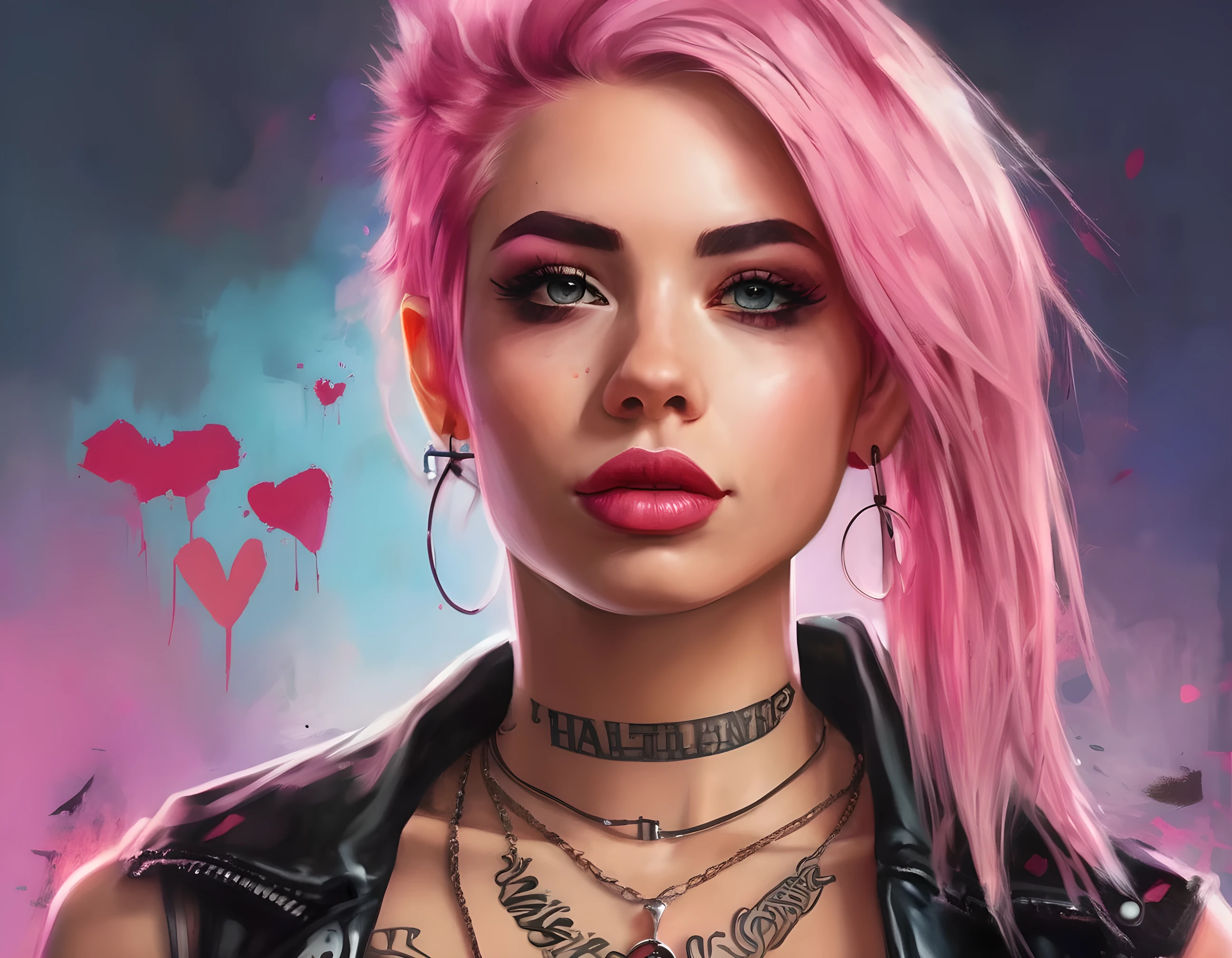 Young adult woman 22 years realistic, sexy with medium tits, modern punk style similar to harley queen, with long blonde and a little pink hair, with a broken heart tattoo on the neckline for the profile image