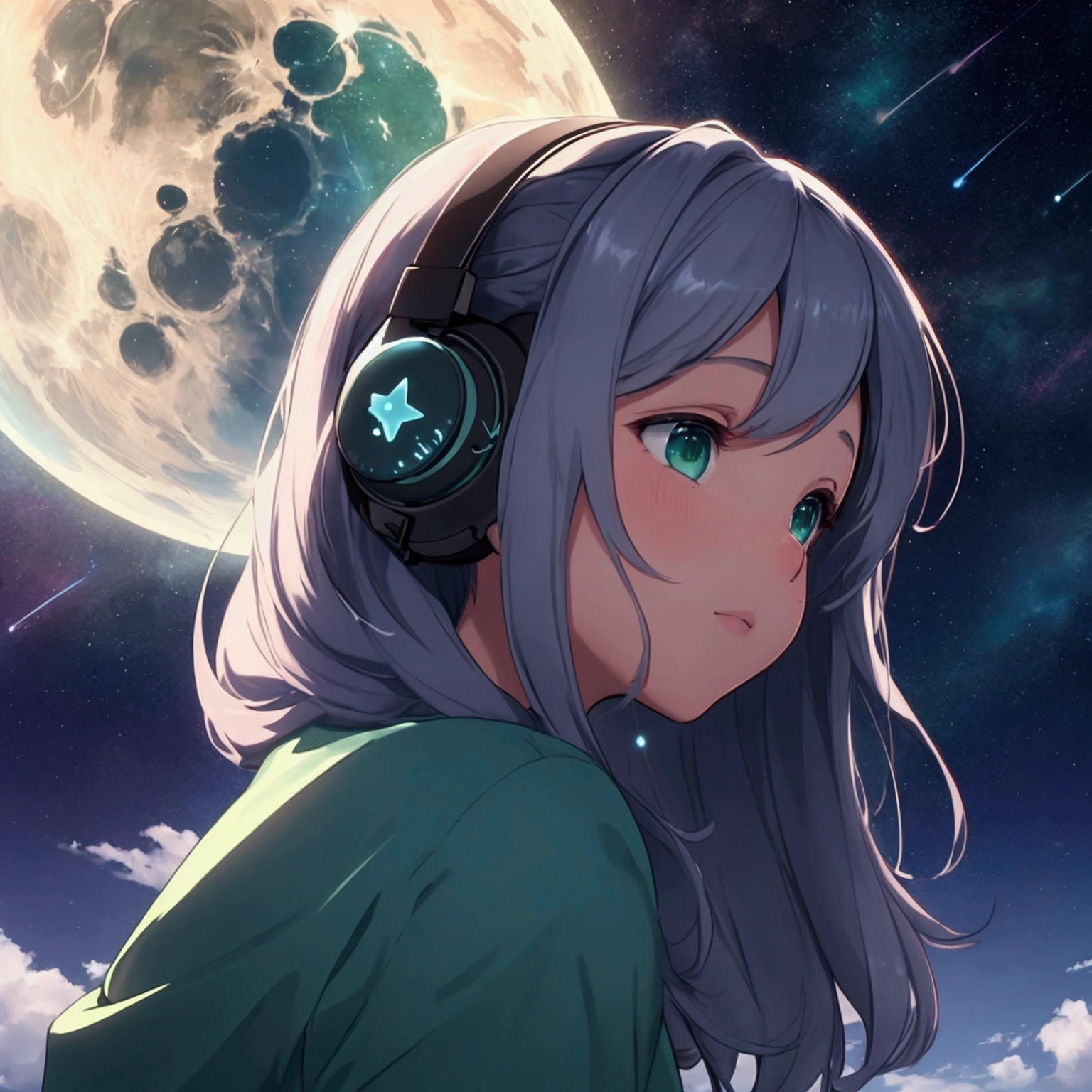 Serena, young girl, headphones on, fleet, shining stars, immersed melodies, hip hop lofi, They shine like shooting stars, color according to the moonlight.. que refleja un cielo estrellado donde las constelaciones se mueven y las nubes fleetn por la escena, while a great shooting star lights up the sky. Smooth and ethereal animation style, with a palette of soft and nocturnal colors: dark blues, luminous greens and stellar pinks. . The atmosphere is magical and dreamy. foreground, side profile.