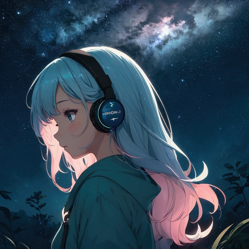 Serena, girl, headphones on, fleet, shining stars, immersed melodies, hip hop lofi, They shine like shooting stars, color according to the moonlight.. que refleja un cielo estrellado donde las constelaciones se mueven y las nubes fleetn por la escena, while a great shooting star lights up the sky. Smooth and ethereal animation style, with a palette of soft and nocturnal colors: dark blues, luminous greens and stellar pinks. . The atmosphere is magical and dreamy. foreground, side profile.