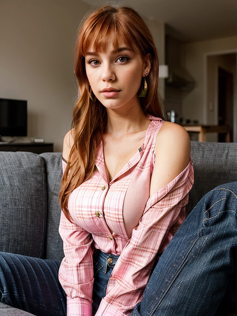 25-year-old woman with European facial features, (((ginger shoulder-length hair))), bangs, makeup, earrings and jewelry, eyelashes, (((pink checkered shirt))), ((busty)), jeans, sitting on the sofa, looking at the viewer , darkened room