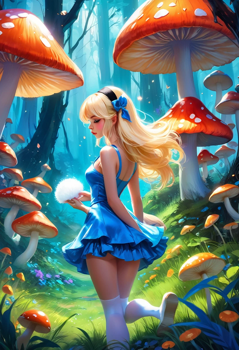 a beautiful 20 year old blonde woman with big messy hair in a blue dress, white stockings, black headband, cleavage, bending over to grab a glowing mushroom off the grassy forest floor, back shot, booty, fantasy art style, rossdraws cartoon vibrant, alice x. zhang, alice in wonderland cyberpunk, cute detailed digital art, colorfull digital fantasy art, digital fantasy art ), glossy digital painting, rossdraws pastel vibrant, rossdraws 2. 5, rossdraws 1. 0