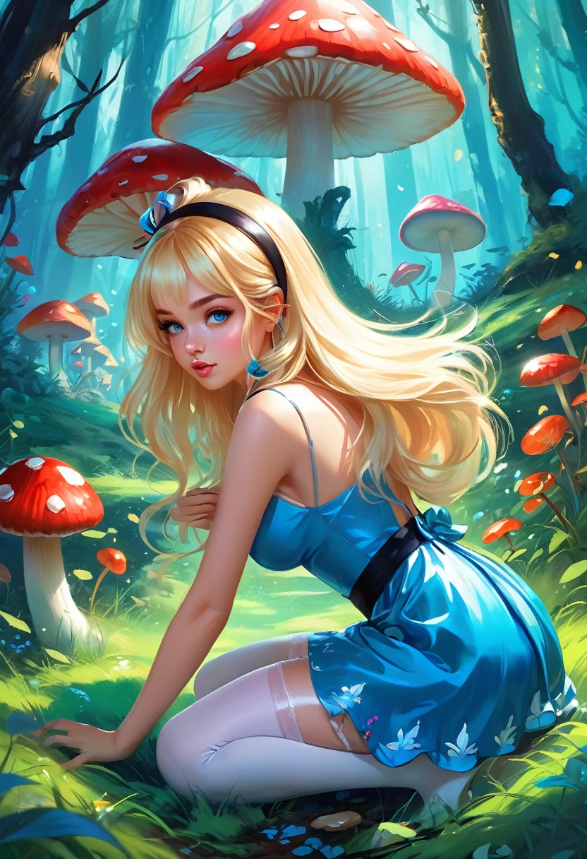 a beautiful 20 year old blonde woman with big messy hair in a blue dress, white stockings, black headband, cleavage, bending over to grab a glowing mushroom off the grassy forest floor, back shot, booty, fantasy art style, rossdraws cartoon vibrant, alice x. zhang, alice in wonderland cyberpunk, cute detailed digital art, colorfull digital fantasy art, digital fantasy art ), glossy digital painting, rossdraws pastel vibrant, rossdraws 2. 5, rossdraws 1. 0