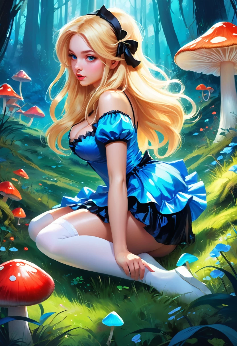 a beautiful 20 year old blonde woman with big messy hair in a blue dress, white stockings, black headband, cleavage, bending over to grab a glowing mushroom off the grassy forest floor, back shot, booty, fantasy art style, rossdraws cartoon vibrant, alice x. zhang, alice in wonderland cyberpunk, cute detailed digital art, colorfull digital fantasy art, digital fantasy art ), glossy digital painting, rossdraws pastel vibrant, rossdraws 2. 5, rossdraws 1. 0