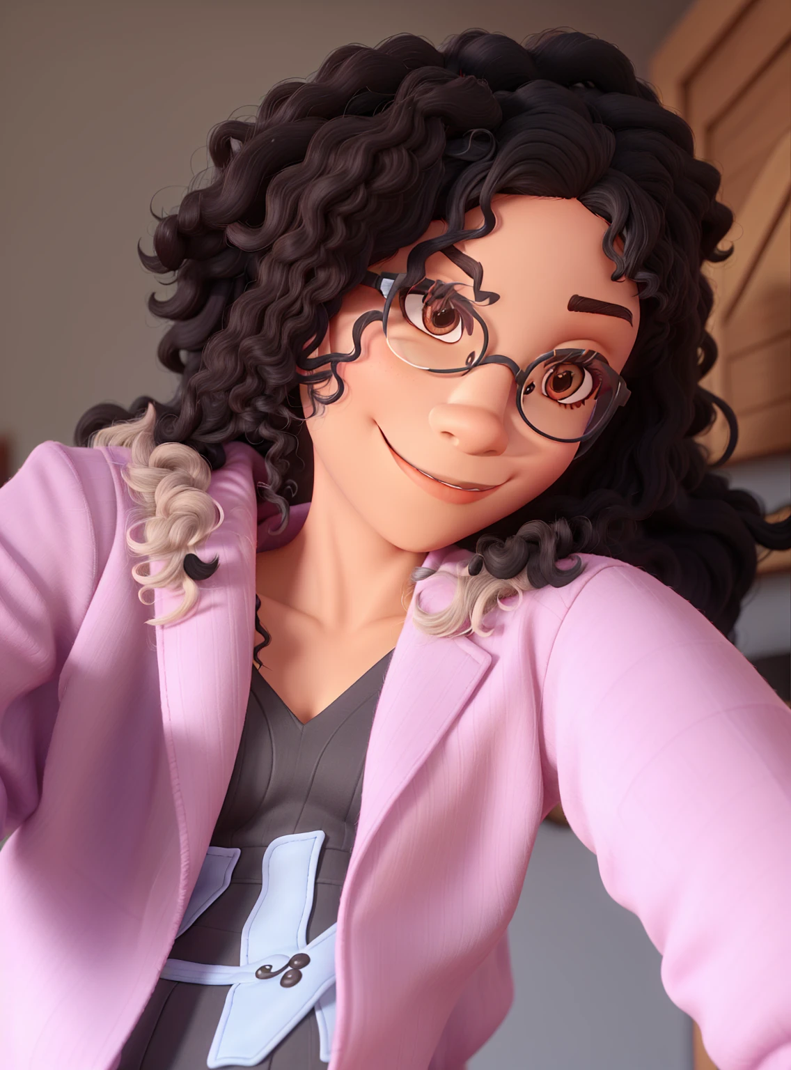 create disney pixar 3d image, black woman, 19 years old, black, wearing glasses with dark lenses, showing only a shadow of her eyes, long, slightly brown and curly hair, beautiful, with red lipstick matching her skin tone, around