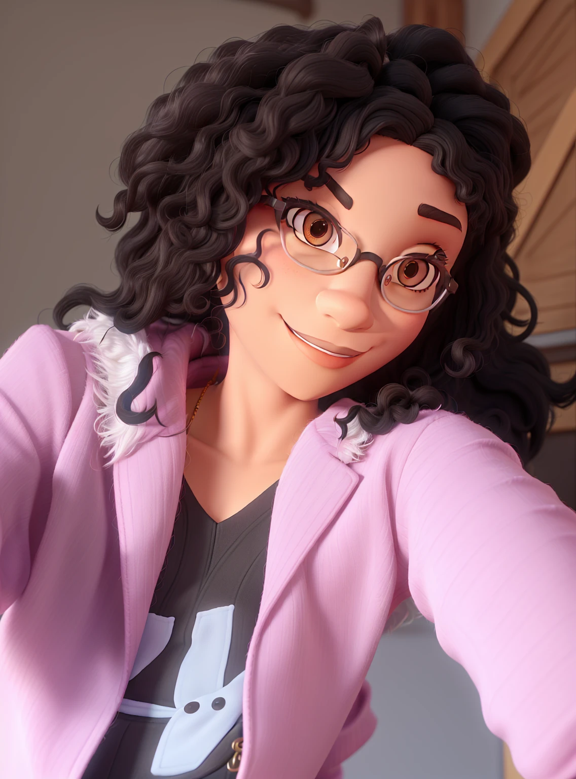 create disney pixar 3d image, black woman, 19 years old, black, wearing glasses with dark lenses, showing only a shadow of her eyes, long, slightly brown and curly hair, beautiful, with red lipstick matching her skin tone, around