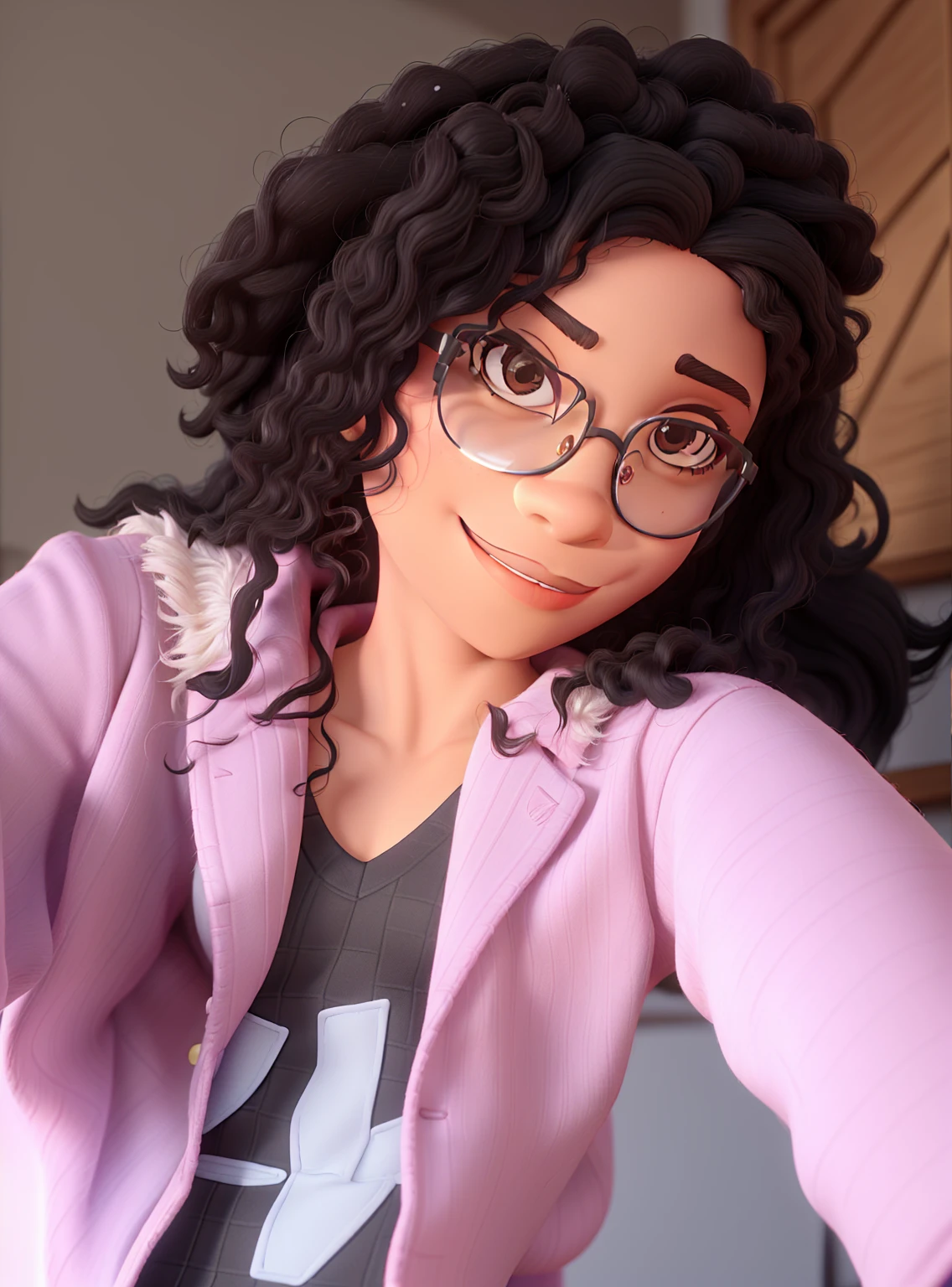 create disney pixar 3d image, black woman, 19 years old, black, wearing glasses with dark lenses, showing only a shadow of her eyes, long, slightly brown and curly hair, beautiful, with red lipstick matching her skin tone, around