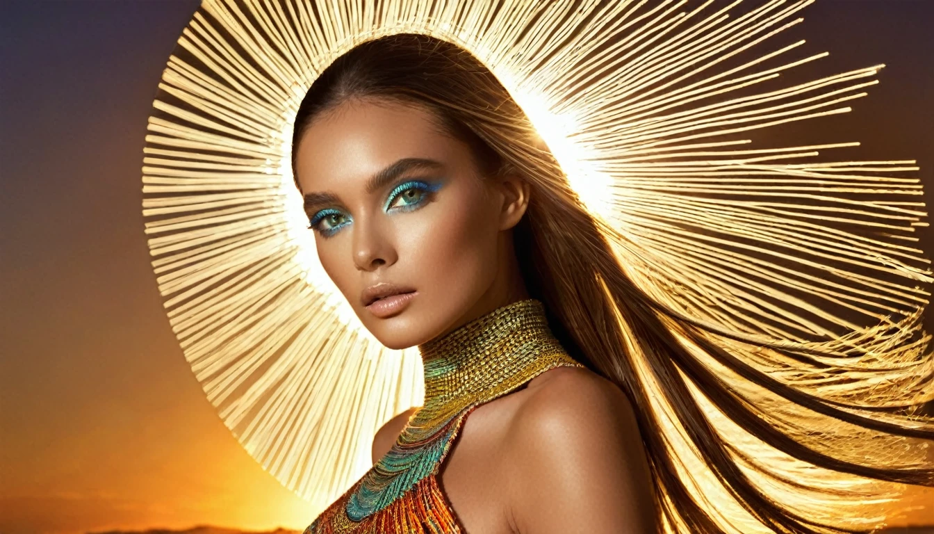 Imagine an exotic-looking model, Clearly not of this world, wearing a dress that appears to be woven from solar energy itself. The model's skin has an iridescent shade of pale blue, with subtle silvery reflections that move like aurora borealis on its surface. Seu grande, expressive eyes have vertical pupils, emitindo um brilho suave que ilumina seu rosto de maneira intrigante.
The dress is a breathtaking creation, composed of thin bands of solar energy that seem to ripple and intertwine, forming a kind of living plot. A luz do "Tecido" muda constantemente, passando por uma paleta de cores deslumbrantes, like the burning amber of the setting sun, o amarelo brilhante do meio-dia e os tons laranja e vermelho do amanhecer.
The dress has no fixed shape, but it flows around the model's body like dancing flames, sempre em movimento e emitindo um calor reconfortante. Enquanto ela se move, The beams of sunlight create mesmerizing patterns and glow in harmony with their alien movements.
The model's makeup follows the same unique aesthetic. Subtle lines of light adorn her face and her lips display a soft hue, almost translucent, que parece refletir a luminosidade do vestido.
This extraordinary vision captures the essence of an alien model wearing a woven dress from the very essence of the sun.