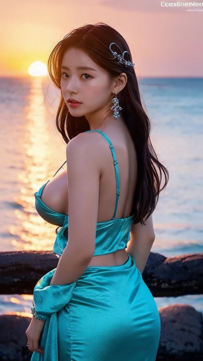 Rear View:((Large Breasts:1.2)),She wears clothes inspired by ancient mythology and sea-themed accessories..、A woman transformed into an attractive and sexy sea goddess。High resolution、Detailed depiction of a sunset over the ocean。」