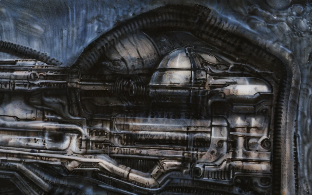 xgiger, The image is a detailed view of H.R. Giger's biomechanical tableau \" Necronom V\" plate, featuring
a stylized digital artwork featuring a close-up of a robotic face with a mouth open, set against a backdrop of industrial machinery., that appears to be a fusion of organic and mechanical elements, with a focus on the interplay between the two.The piece is a tableau, most likely created with a India ink pen or pencil on paper, determined by the thin lines, shading techniques, and the texture of the paper, which is visible around the edges.
Used is pen, given the shading and variations in line weight visible in the image. Artist have used a variety of stylus with different degrees of hardness to achieve the shading effects.
The use of undersaturated green-grays dark contrasts creates a stark and graphic look. Is used a variety of linework techniques to create different textures. Fine, parallel lines create a smooth, metallic texture,while thicker, more cursive lines suggest cables or wires.
Light source from the top highlights skeletals, pper part of foreground, lower part of image is in shadowupper part of foreground, lower part of image is in shadow.
The art performance showcases the artist’s skills in observation and rendering. The level of detail in the piece suggests a close study of real bone specimens and mechanics. The artist has skillfully used shading techniques to create a convincing illusion of three-dimensionality on a flat surface. The wrinkles and cracks in the surface, and the cast shadows with accuracy, used shading techniques to create a realistic depiction of light and shadow on the objects. This creates a sense of depth and dimension in the image. The artist has used careful linework to depict the contours and textures in the piece
Sharp focus on foreground elements illustration. Deep and delicate DOF. Big painting. Stored in Louvre masterpiece, ooze soaked pajama top