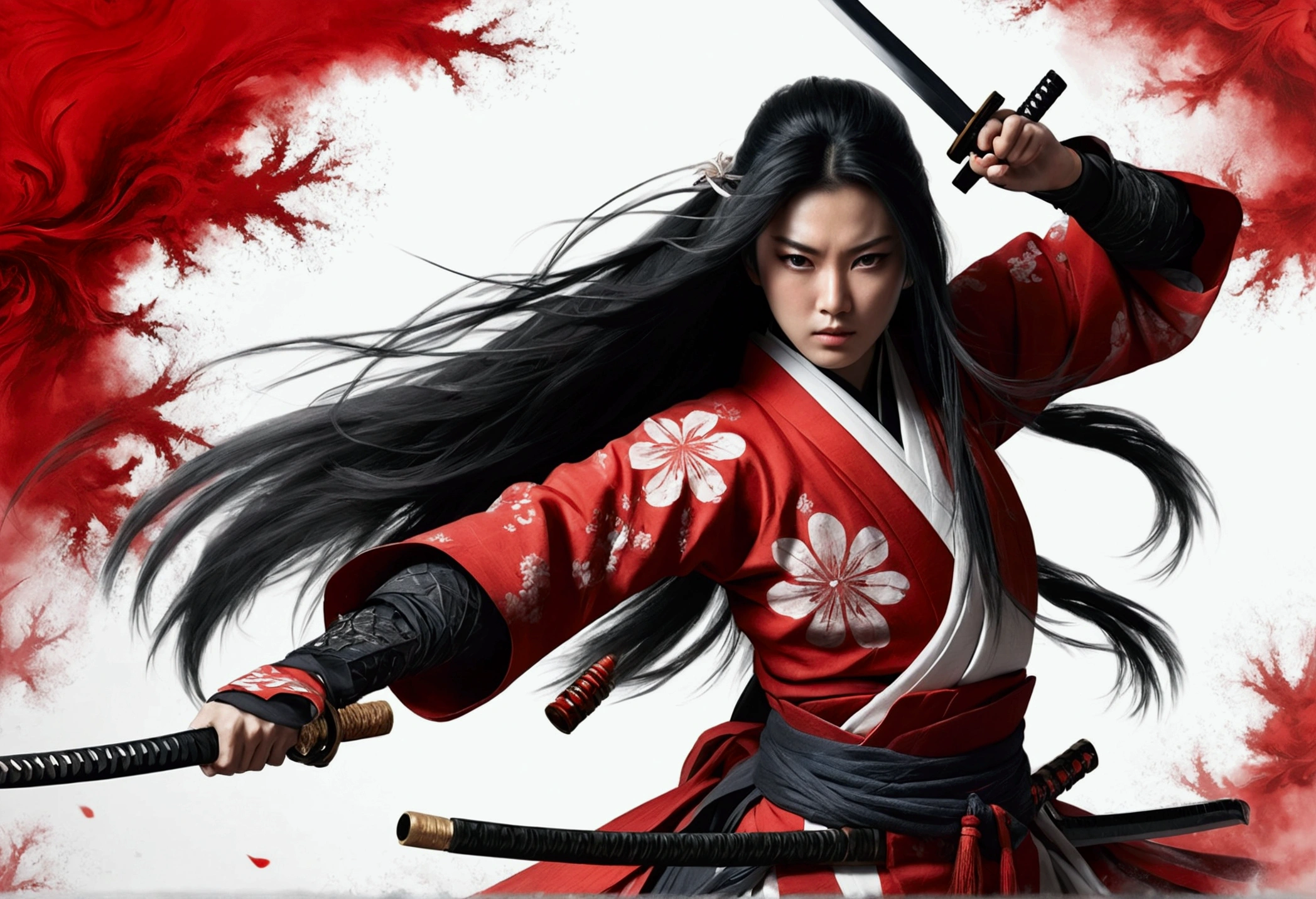 1 woman, weapon, long hair, black hair, white background, solo, looking at viewer, black eyes, tabi, floating hair, full body, (samurai), red armor, fractal art, abstract background, ink wash painting , masterpiece, ultra realistic, 32k, extremely detailed CG unity 8k wallpaper, best quality



 