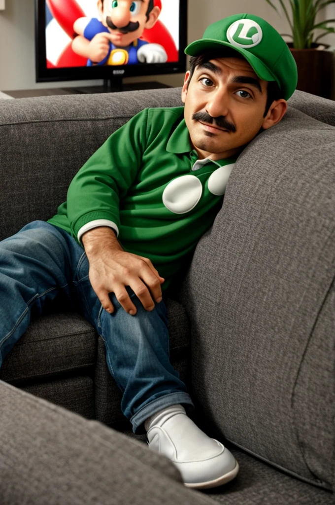 Luigi sitting down on the couch watching television