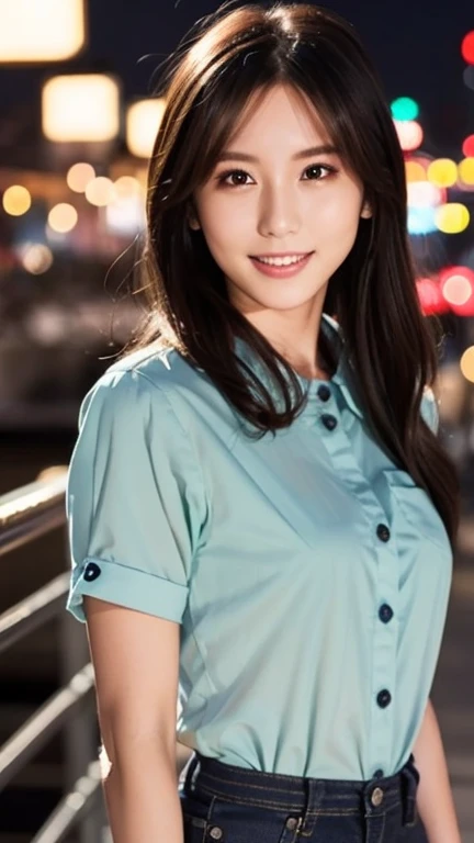 1 Girl, (Wearing a pastel color shirt:1.2), (Supercluster), Very beautiful Japanese idol portraits,
(RAW Photos, Highest quality), (Realistic, Realistic:1.4), (masterpiece),
Very delicate and beautiful, Very detailed, 2k wallpaper, wonderful, finely, Very detailed CG Unity 8K wallpaper, Very detailed, High resolution, Soft Light,
Beautiful detailed girl, Very detailed eyes and face, Beautiful and sophisticated nose, Beautiful and beautiful eyes, Cinema Lighting,
(Fashion magazine photography:1.3), (Outdoor), (night lighting), (Waterfront),
(Semi-long hair),
Complete Anatomy, Slender body, Small , smile with teeth, open mouse, skinny pants, sheer shirt,