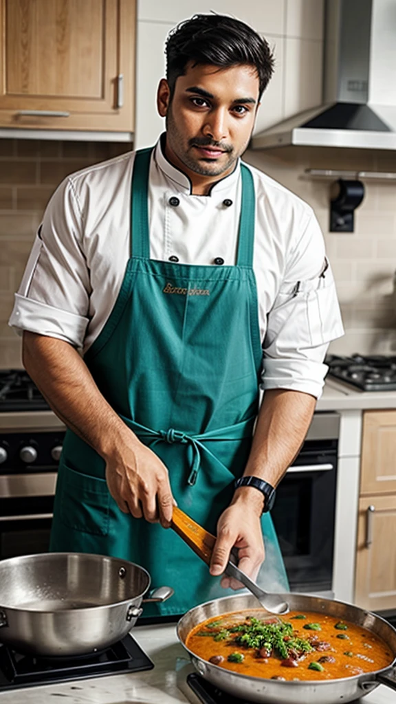 A sexy indian chef, cooking, wearing apron