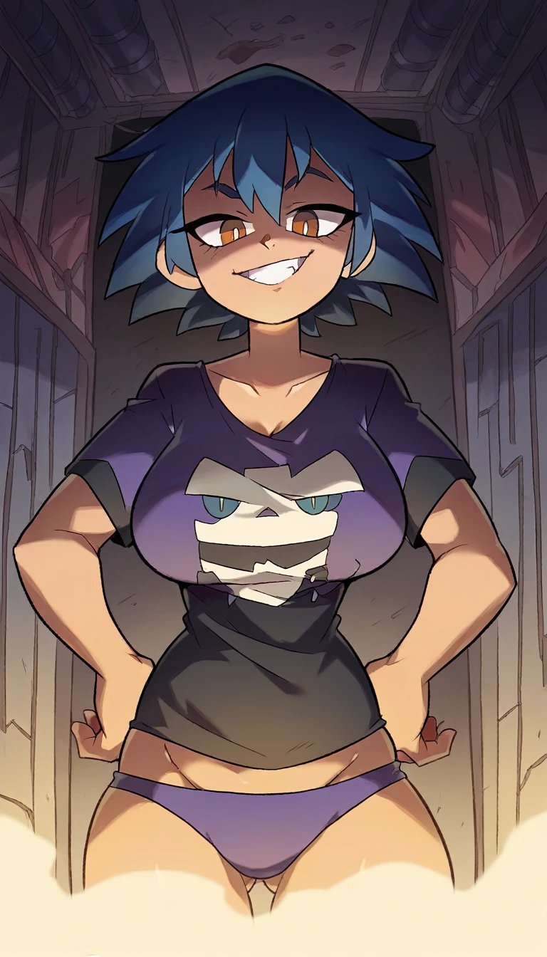 Masterpiece, best quality, Masterpiece, best quality, 1 woman, Bruma ,indigo hair , sly face , black t-shirt , purple bikini , , abdomen , Put your hands on your hips. , abandoned factory , at night