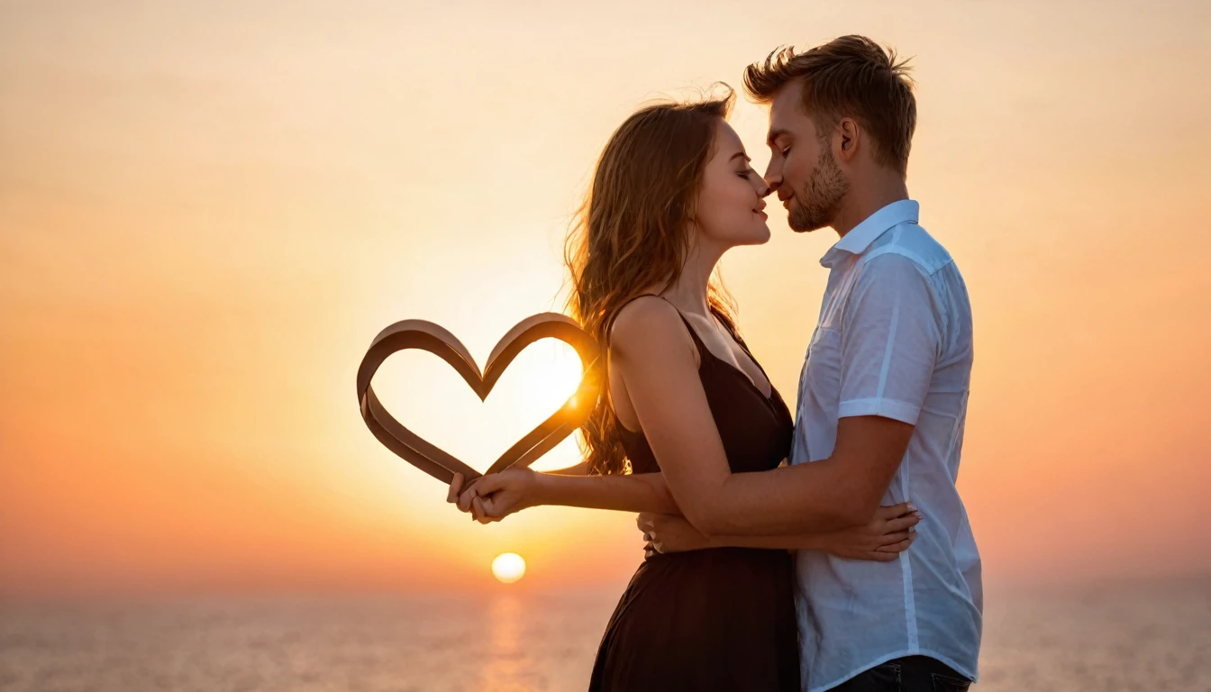 there is a man and woman making a heart shape with their hands, love is begin of all, man and woman in love, shutterstock, uploaded, by Jakob Gauermann, half image, by Thomas Häfner, by Niko Henrichon, romance, dlsr photo, love is infinity, stock photo, photo still, gorgeous romantic sunset