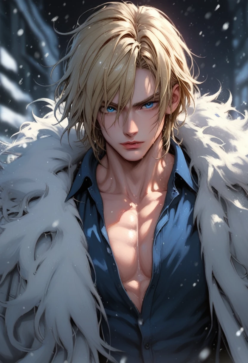 absurdities, High resolution, ultra detailed, HdR, masterpiece, Extremely detailed face and eyes, Leon Kennedy, medium blonde hair, disheveled, bushy eyebrows, serious, expressive blue eyes, 1 man, elegant, white fur coat, Fitted blue shirt, toned chest, snowy background. Complete plan