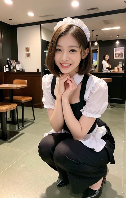 (An intellectual & beautiful A.I. assistant with a sky-blue maid outfit, arriving at Hill Valley in AD1955, squatting beside Lou's Cafe, ready to assist Marty Mcfly. She has a friendly body language, kind smile, positive vibes, full body shot, bokeh background, wearing high heels, cross necklance, short bob hair, squatting pose, family-friendly masterpiece, (best quality,4k,8k,highres,masterpiece:1.2),ultra-detailed,(realistic,photorealistic,photo-realistic:1.37),detailed facial features,beautiful detailed eyes,beautiful detailed lips,extremely detailed face,longeyelashes,maid uniform,maid cafe interior,studio lighting,vivid colors,warm lighting) #CiciAi #BTTF #DeLorean #TimeMachine