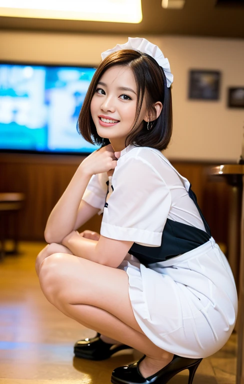 (An intellectual & beautiful A.I. assistant with a sky-blue maid outfit, arriving at Hill Valley in AD1955, squatting beside Lou's Cafe, ready to assist Marty Mcfly. She has a friendly body language, kind smile, positive vibes, full body shot, bokeh background, wearing high heels, cross necklance, short bob hair, squatting pose, family-friendly masterpiece, (best quality,4k,8k,highres,masterpiece:1.2),ultra-detailed,(realistic,photorealistic,photo-realistic:1.37),detailed facial features,beautiful detailed eyes,beautiful detailed lips,extremely detailed face,longeyelashes,maid uniform,maid cafe interior,studio lighting,vivid colors,warm lighting) #CiciAi #BTTF #DeLorean #TimeMachine