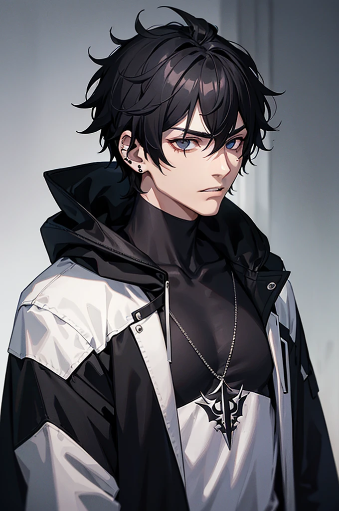 A male antihero with tired black eyes, short curly black hair with white hair strands, loose black clothes and hood, dark skin and lip piercings. Lonely and kind hearted.