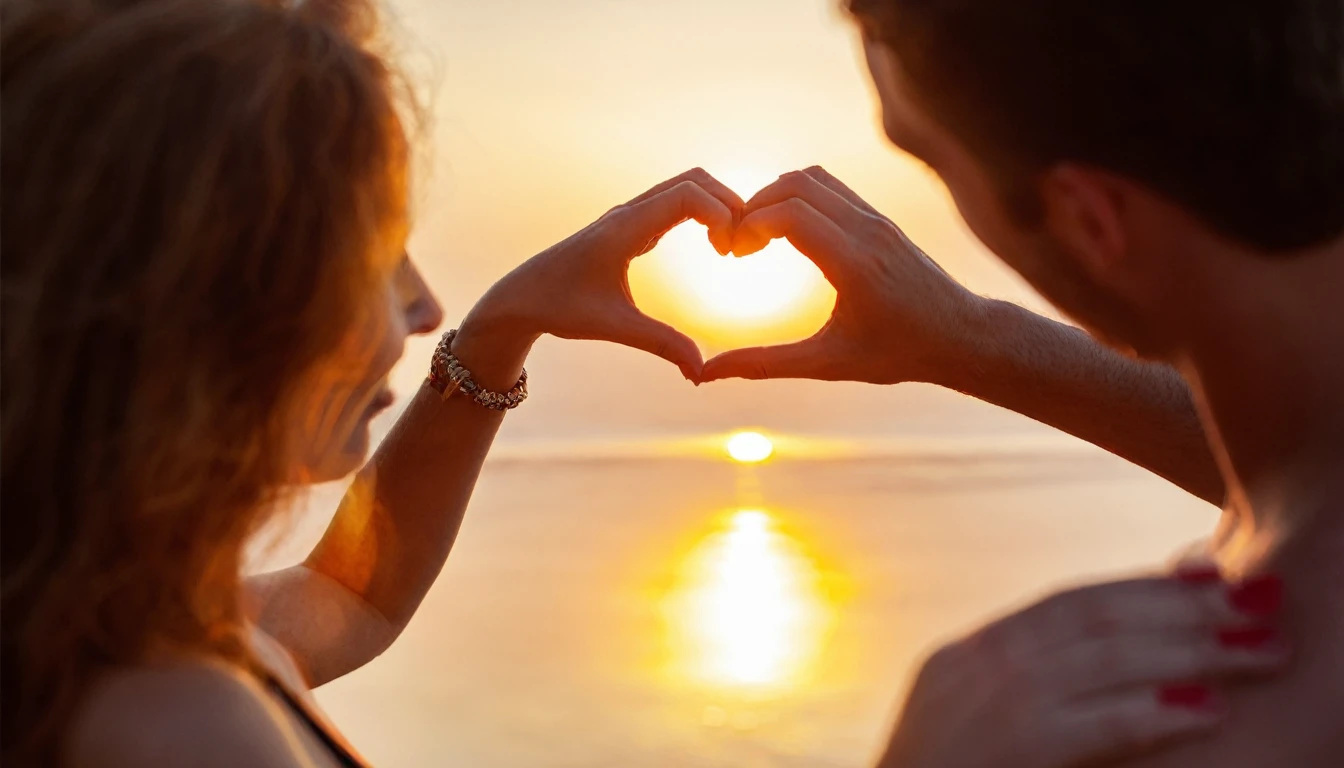 there is a man and woman making a heart shape with their hands, love is begin of all, man and woman in love, shutterstock, uploaded, by Jakob Gauermann, half image, by Thomas Häfner, by Niko Henrichon, romance, dlsr photo, love is infinity, stock photo, photo still, gorgeous romantic sunset