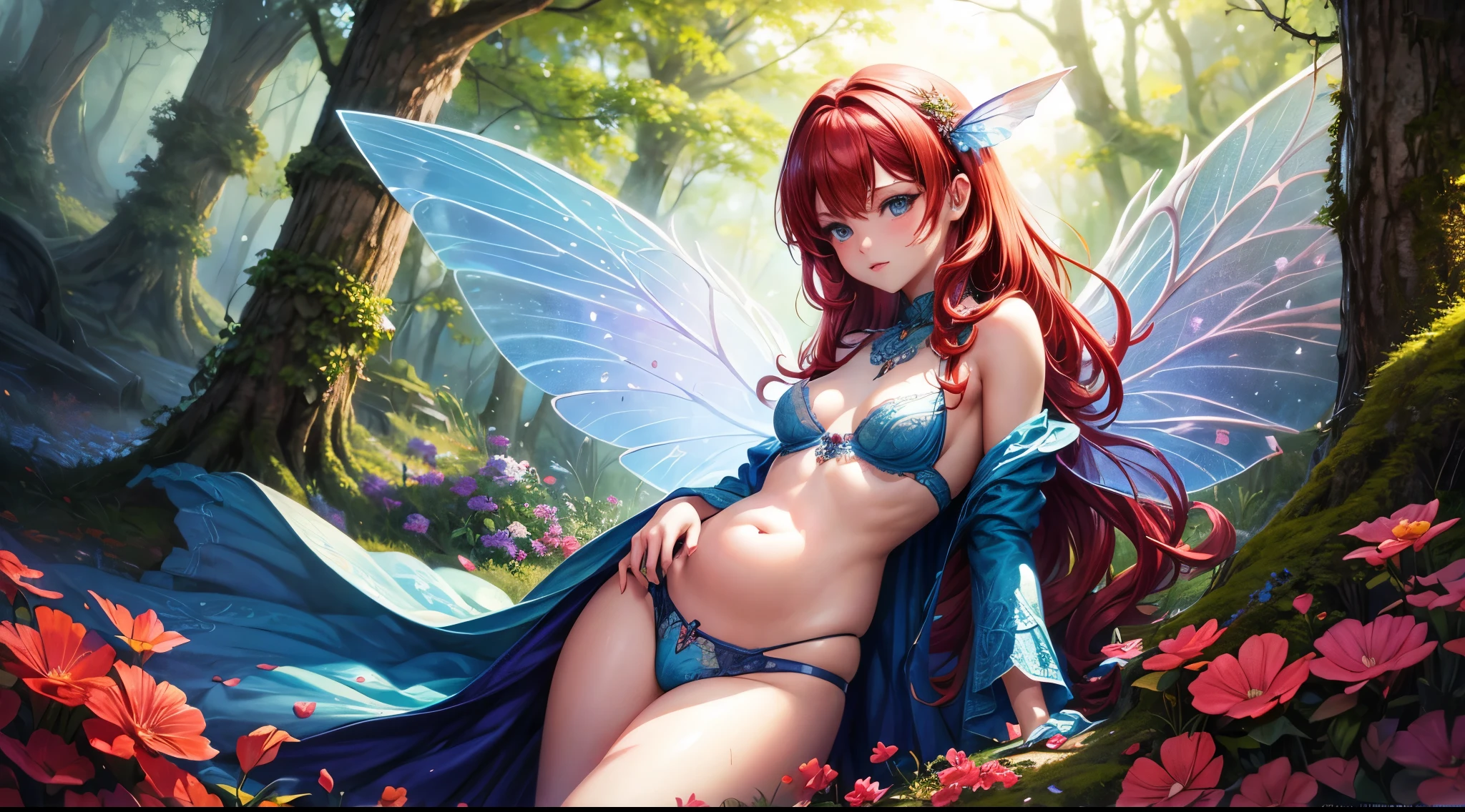 ( Absurd, High quality, ultra-detailed, masterpiece, concept art, smooth, highly detailed artwork, hyper-realistic painting ) , tiny , cute, whole body, Romantic, Vivid, dreamy, fantasy, fairy wings, in the forest, enchanting glow, very detailed art, reveal clothes, sexy lace underwear, transrarrent clothnes, perky niples, ((pregnat)), redhead