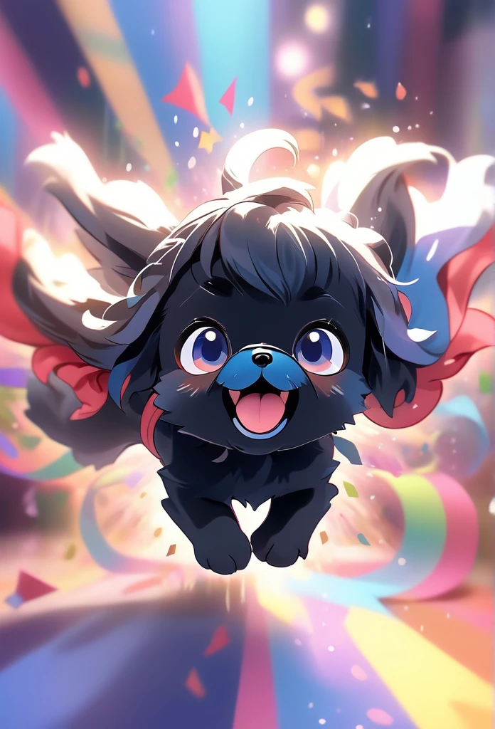 Ultra-small deformation,pop art, (from above), A black Shih Tzu puppy with blue eyes is curling up in the air, surrounded colorful ribbons and particles shaped star, falling through the air, lie on back spreading arms and legs wide, close up happily expression toward the viewer, smoke screen, speed line, Dynamic Motion Blur, Dynamic action scenes 3D Pixar style