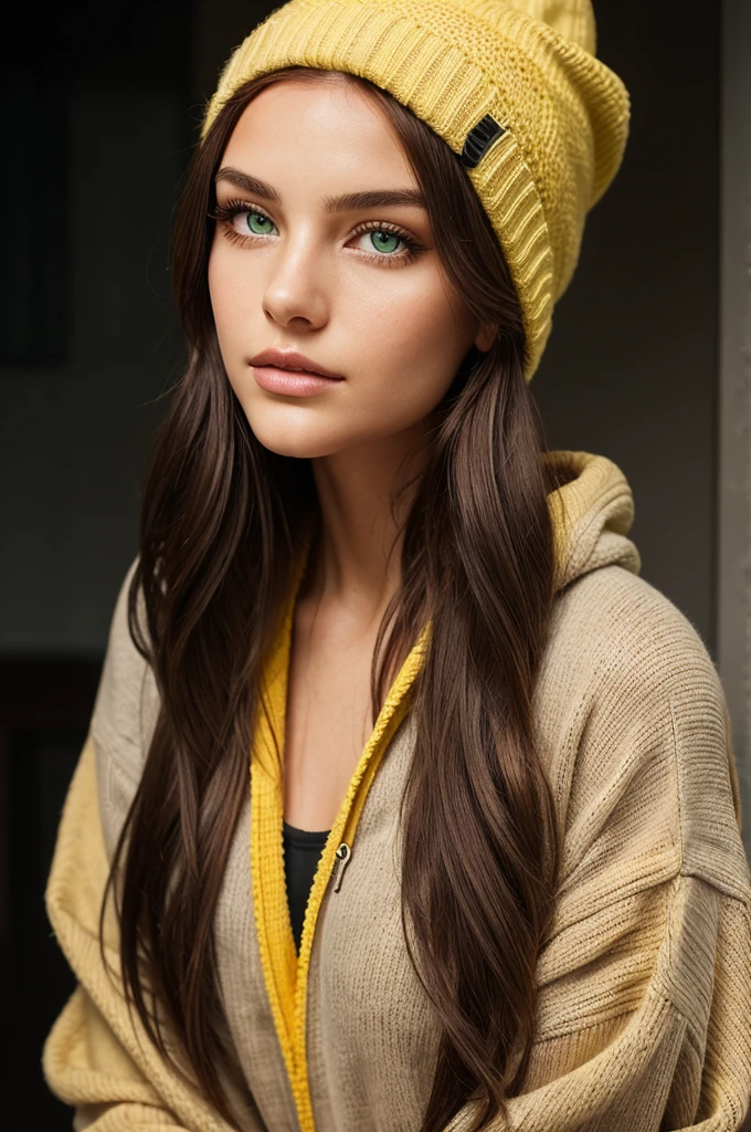 A captivating portrait of a young woman with long, flowing red hair, softly illuminated against a dark background. She wears a cozy, oversized gray hoodie and a chunky mustard-yellow knit beanie that adds warmth to her appearance. Her striking green eyes and natural makeup highlight her delicate features, creating an inviting and serene expression. The lighting is soft and moody, enhancing the textures of her hair and clothing, while giving the image a cinematic quality.