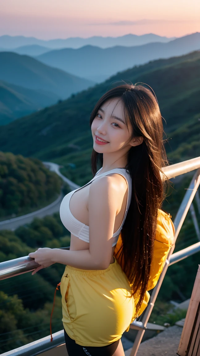 no, Ray Tracing, Radio City, Anisotropic filtration, 16,000, best quality, 1 woman, alone, mature,  beautiful mountain climber, Hiking clothing, Gradient long hair, climbing equipment、laugh、sunset、big breasts、valley