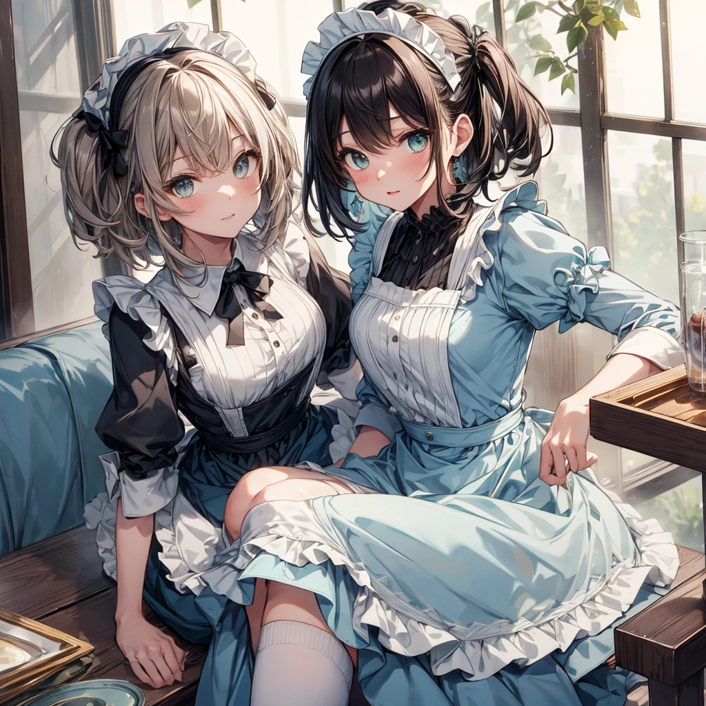 ((masterpiece)), (((Highest quality))), ((Very detailed)), ((figure)), In detail, Very detailed CG ユニティ 8k, High resolution, {Beautiful attention to detail}, In detail, Beautiful attention to detail
1girl, Knee socks, alone, Maid headdress, short hair, Open your mouth, Removable sleeves, tray, Maid, From below, Frills, white Knee socks, Black Hair, chest, Green Eyes, (Light blue dress:1.5), View your viewers, Brown Hair, apron, medium chest,holding tray,